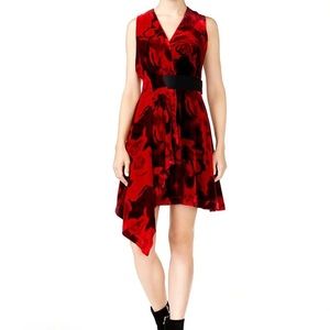 Rachel Roy Black Red Velvet Floral Sleeveless Asymmetrical Hem Dress Size 14.